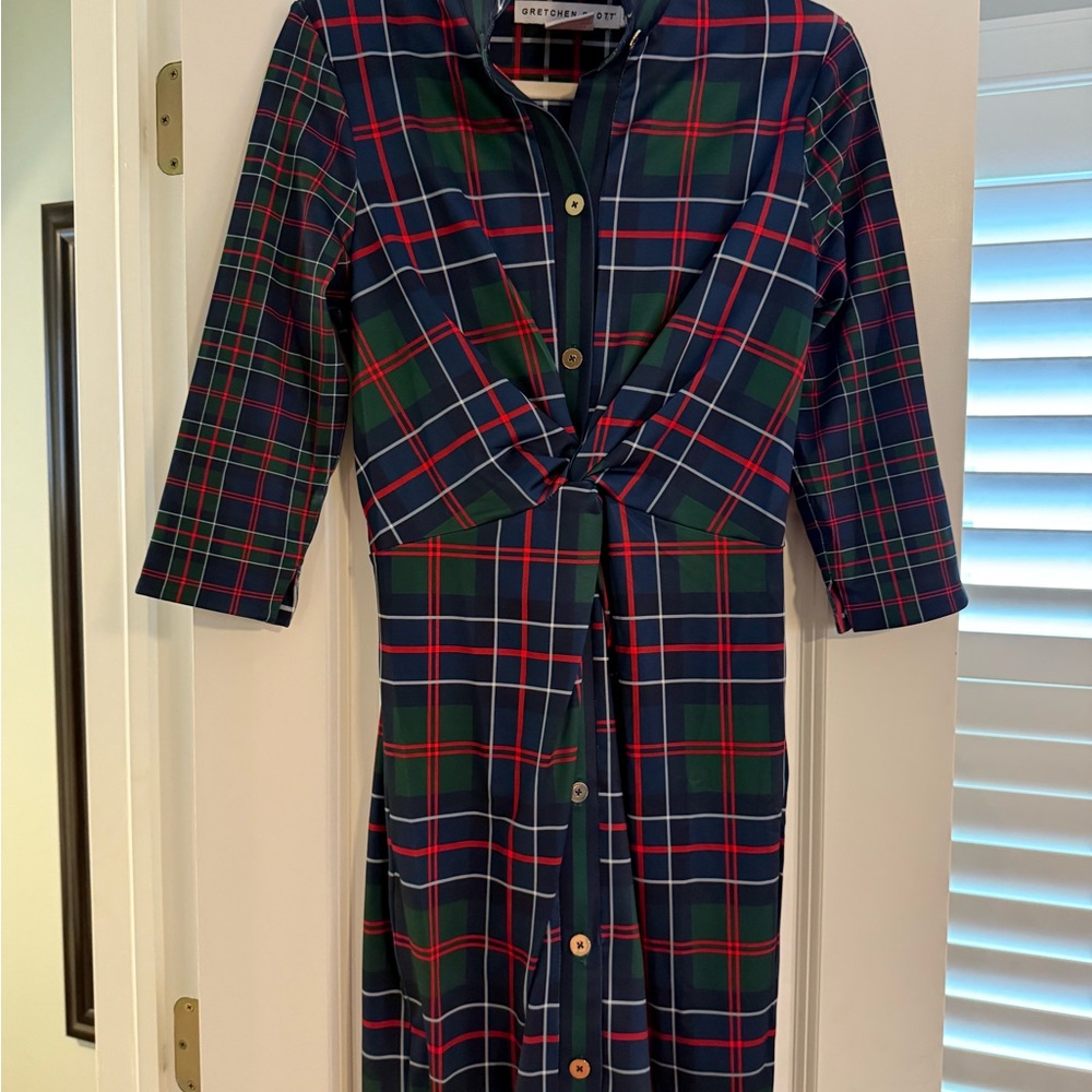 Gretchen Scott Designs Navy and Green Plaid Long Sleeve Dress